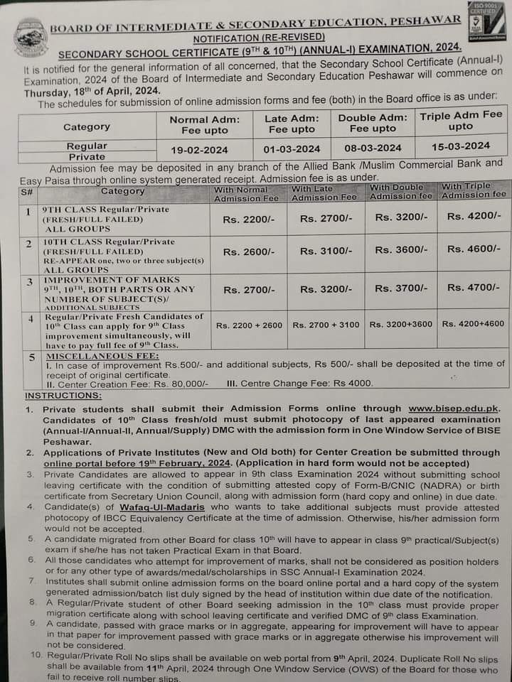 BISEP SSC Improvement Result 2024 for 9th & 10th Class Peshawar Board KPK