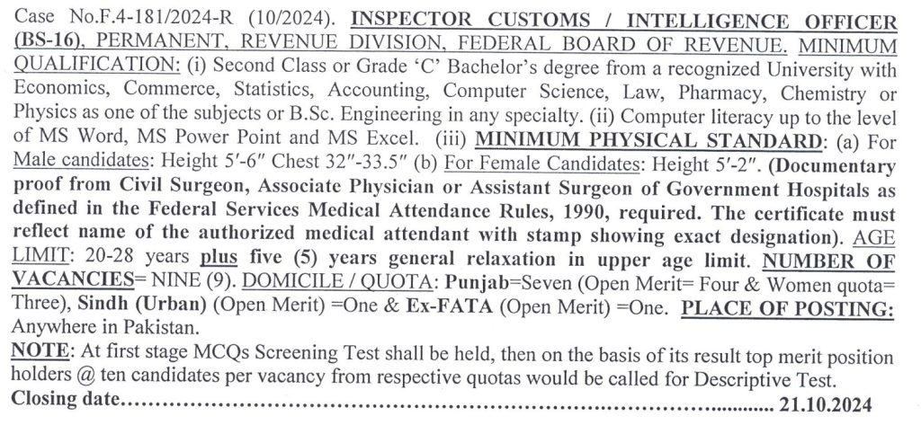 Apply Online for FBR Inspector Customs Jobs 2025 - Last Date to Apply