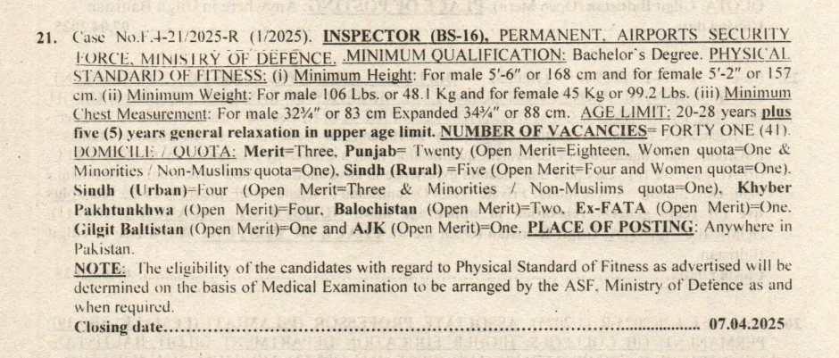 ASF Inspector Jobs Apply Online 2025 at www.joinasf.gov.pk